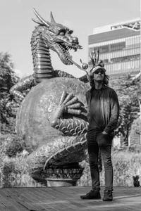 black and white picture of me in a dragon pond